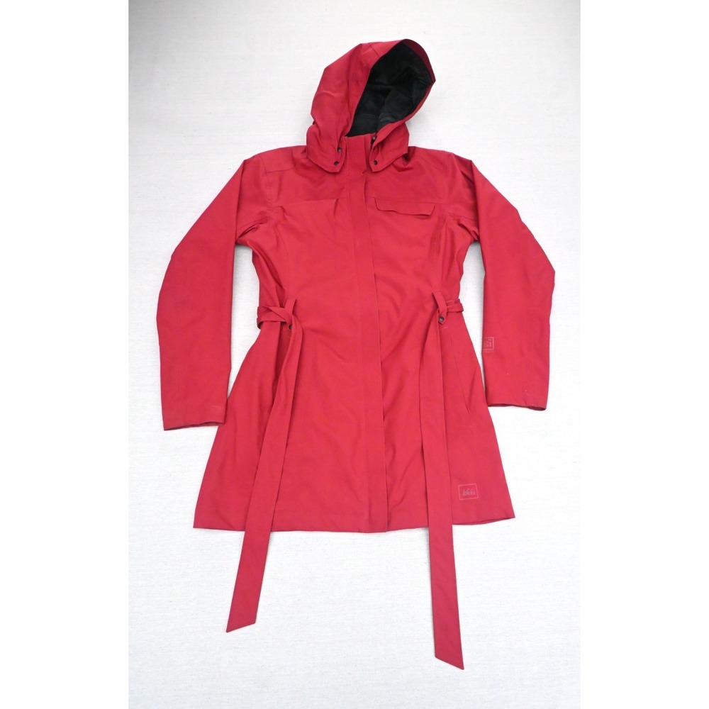 REI Womens M Red Hooded Rain Trench Coat Belted Lined Storm Flap Reflective Logo